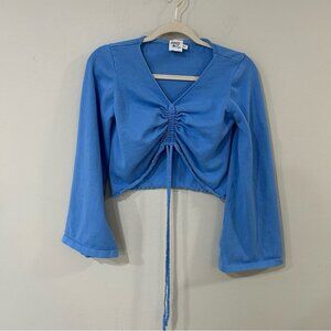 Princess Polly Ada Drawstring Top Blue Ruched Bell Sleeve Blouse Size Medium